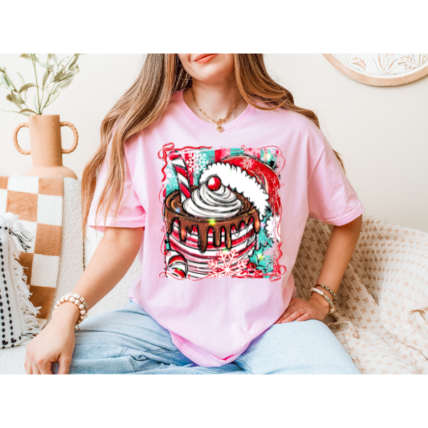 Christmas Hot Chocolate with Santa Hat Graphic Tee