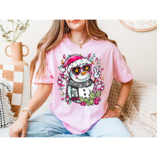 Retro Peace Christmas Snowman Graphic Tee - Image 2